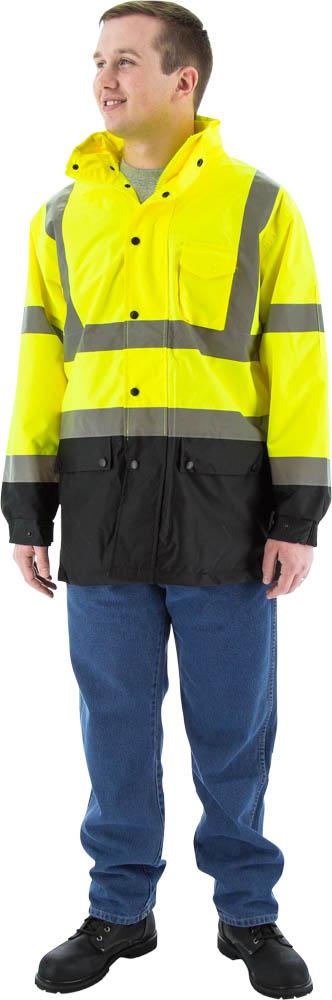 Hi-Viz Waterproof Rain Jacket w Nylon Liner, ANSI 3