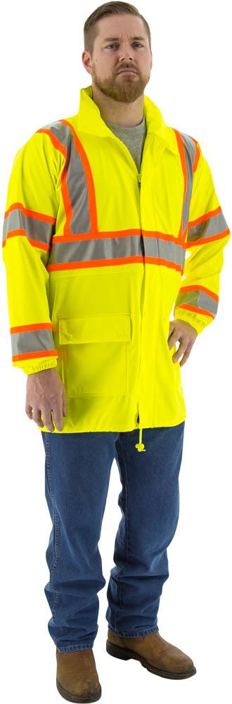 Hi-Viz Waterproof Rain Jacket w DOT Striping, ANSI 3