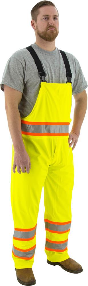 Hi-Viz Waterproof Rain Bib w DOT Striping, ANSI E